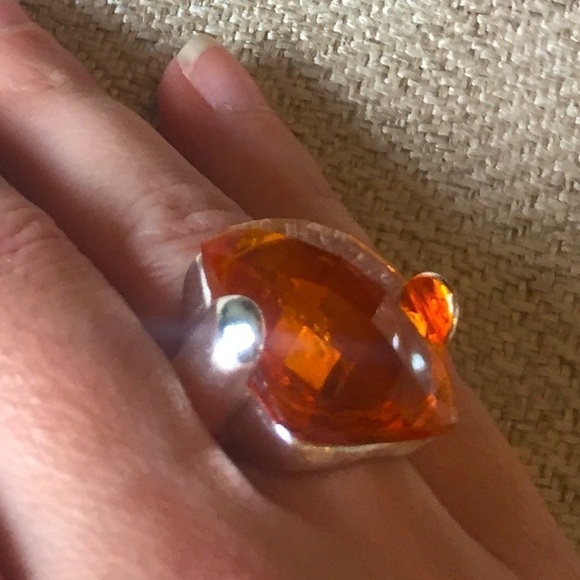 Large Orange Cushion Quartz Ring Checkerboard Faceted - Picture 7 of 9